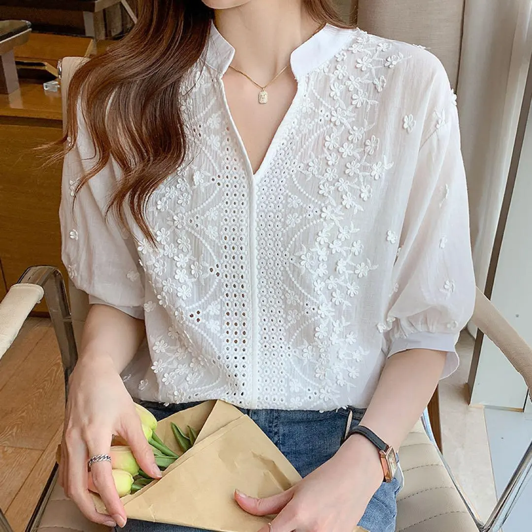Thumbnail of ☆Embroidery☆Lace☆Blouse☆Shirt☆Formal☆Casual☆Five-sleeve☆White