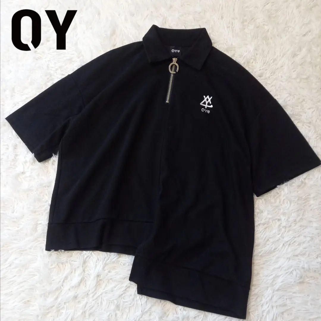 オーワイ OY ポロシャツ ワンポイントロゴ刺繍 スリーライン 黒 XL程度 OY/オーワイ』STITCH COLLAR HALF KNIT/ステッチデザイン ニット