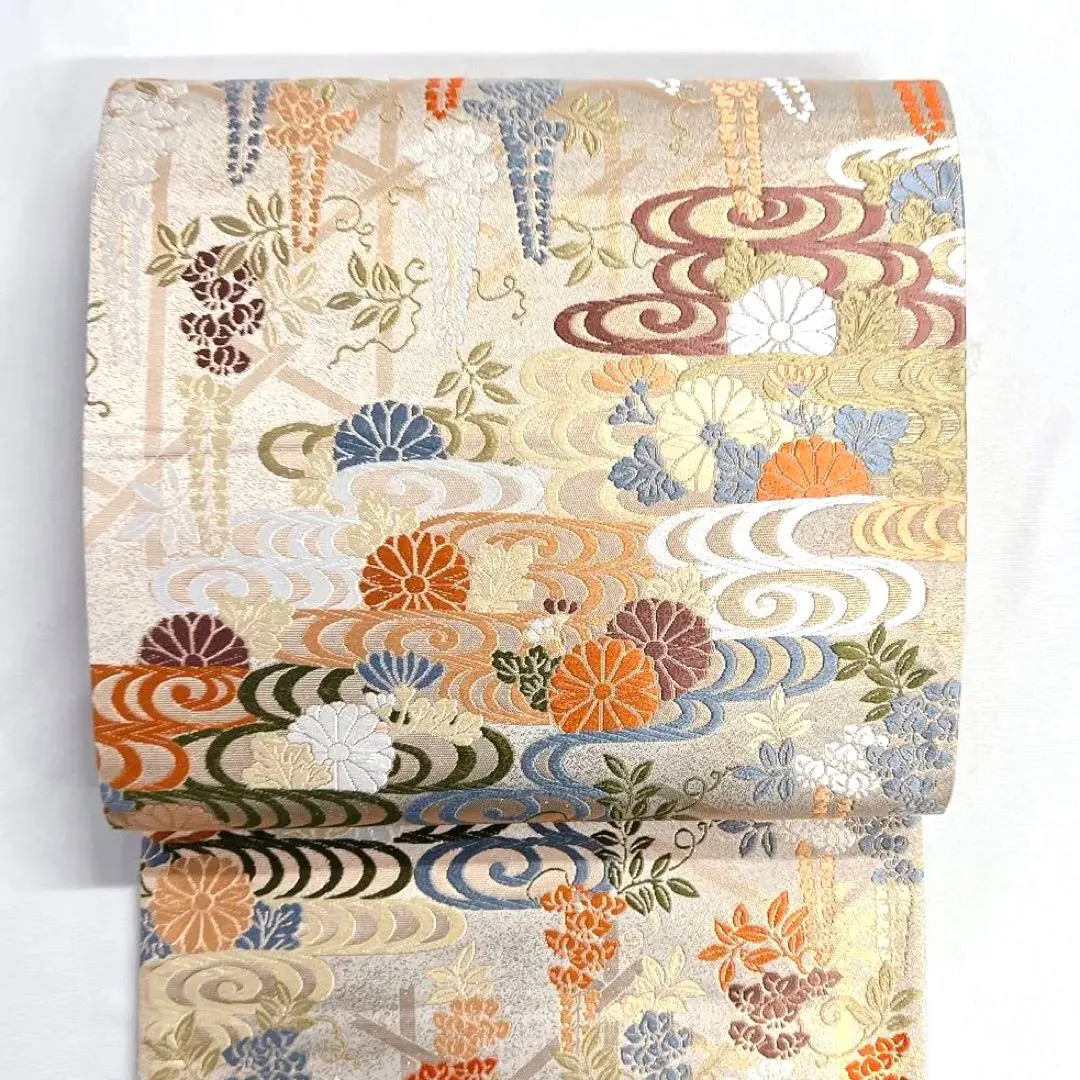 Thumbnail of Fukuro Obi (Japanese formal obi) - Kanze Water, Chrysanthemum, Wisteria, Lattice, Gorgeous, Kimono, Obi, 041k
