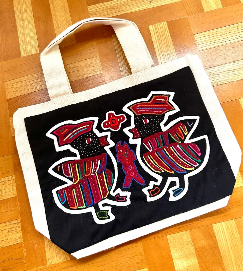 レースモラ刺繍入りダークグレーコットンバッグ レースモラ刺繍入りダークグレーコットンバッグ