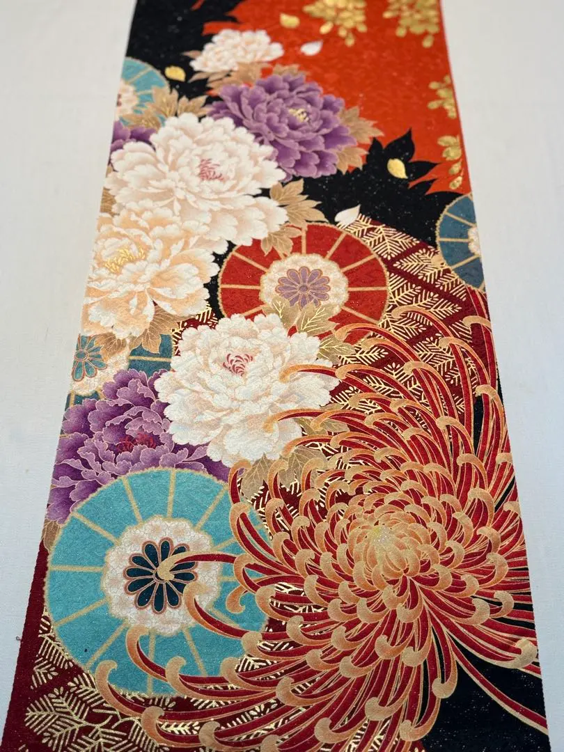 Thumbnail of Kyo Yuzen Fabric Scrap 〈5464〉 Peonies and Chrysanthemums, Orange Lame Ground, Gold Accents, Kimono, Furisode (Long-Sleeved Kimono)