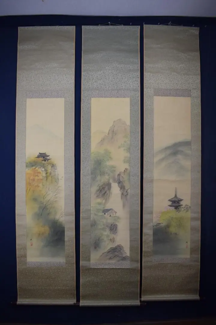 【真作】服部石仙/梅花山村図/春景山水小舟図/掛軸☆宝船☆Z-453 真作】服部石仙/梅花山村図/春景山水小舟図/掛軸☆宝船☆