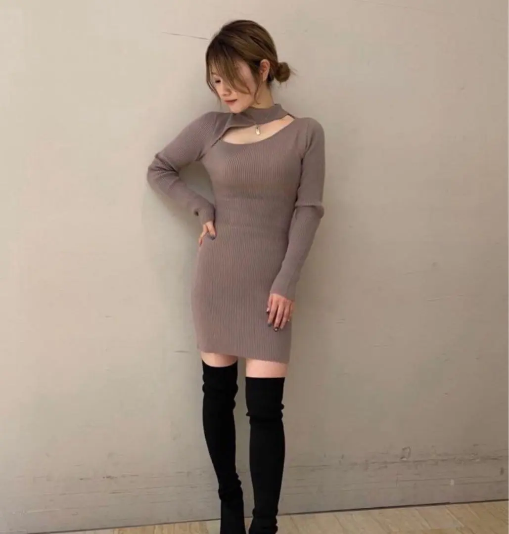 Thumbnail of Spiral Girl Asymmetric Shoulder Back Ribbon Rib Knit Dress