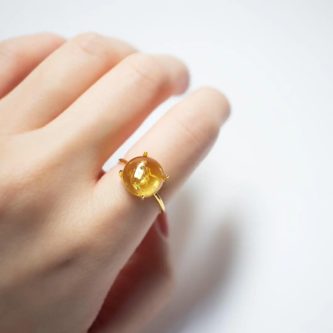 Thumbnail of New * Yellow Color Amber Ring * Free Size * Cracked Amber * Ring