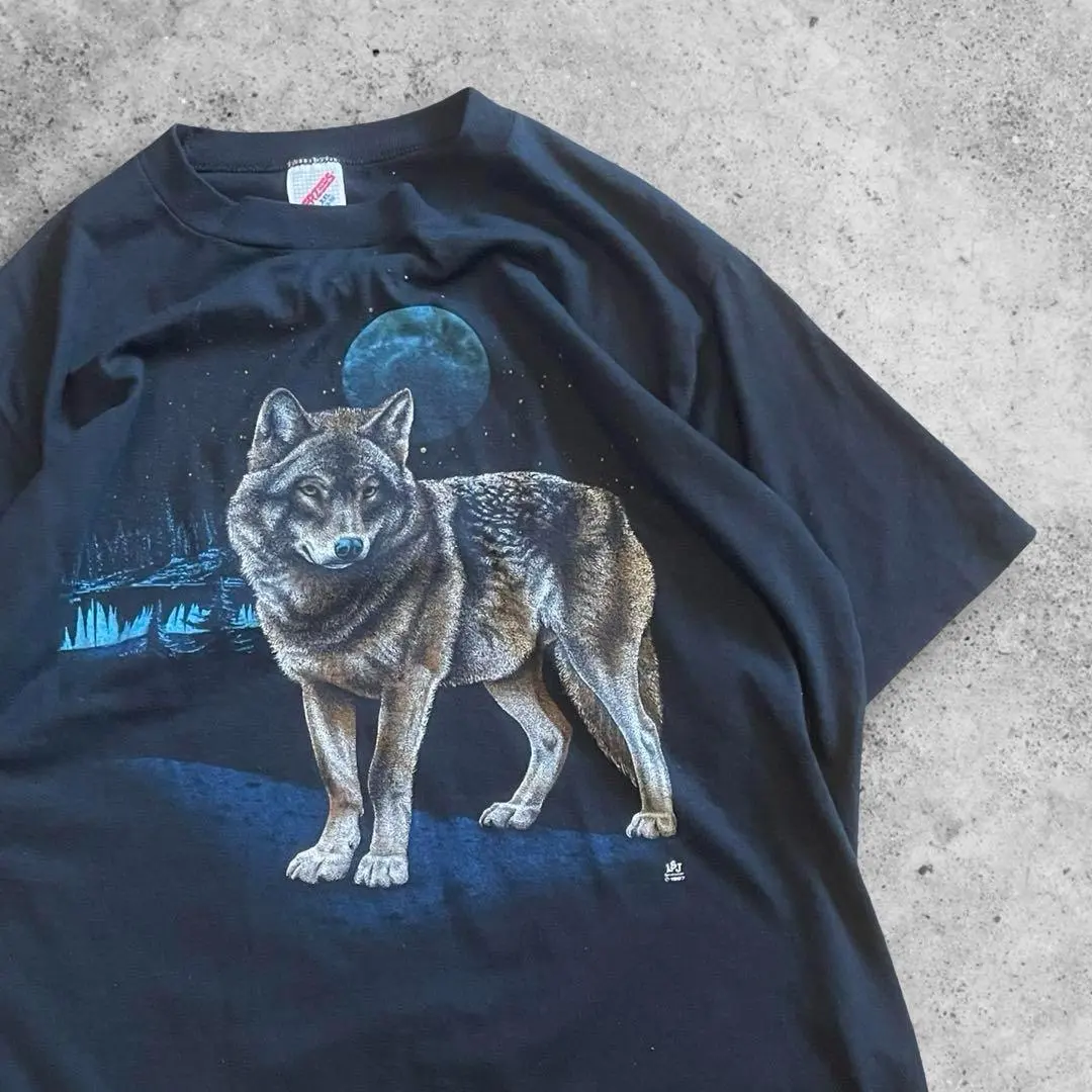 Thumbnail of 80s JERZEES Animal Wolf Moon T-shirt Black Good Regular