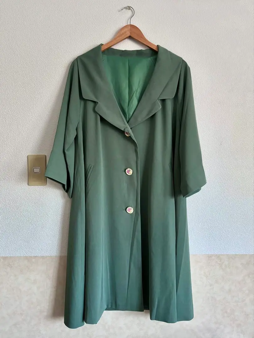 新品　今期新作　アンアナザーアンジェラス　フィント　スプリングコート　グリーン an another angelus】 配色パイピングドット柄ワンピースコート