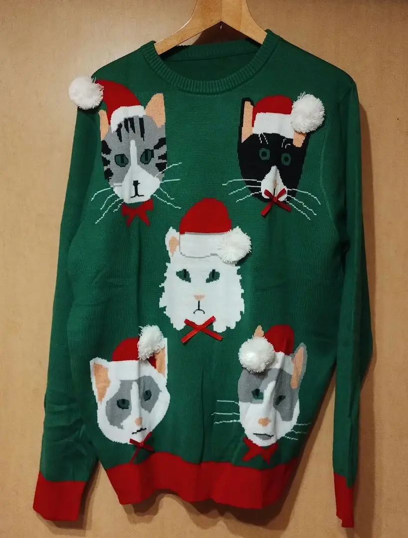 クリスマスアグリーセーターUSA古着ベスト刺繍ねこレッドフルジップ