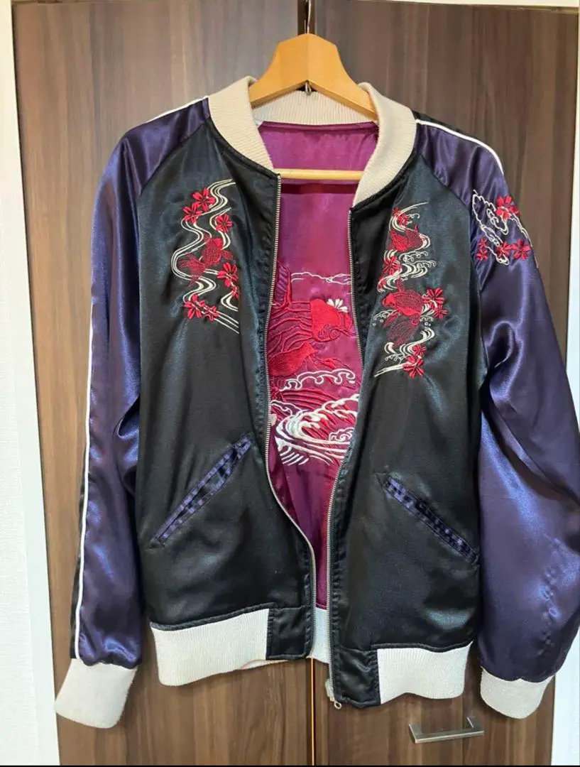 TK　タケオキクチ　別珍　スカジャン　ベロア　リバーシブル　国旗　黒　緑　刺繍 鷹別珍スカジャン 朧 9043834 おぼろ 和柄 和風 刺繍 スーベニア