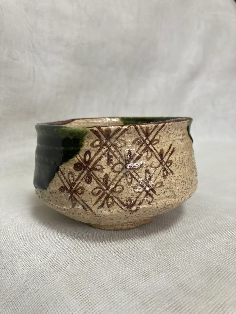 Thumbnail of Seto ware / Oribe hanto chawan (half-cylinder tea bowl) / A86