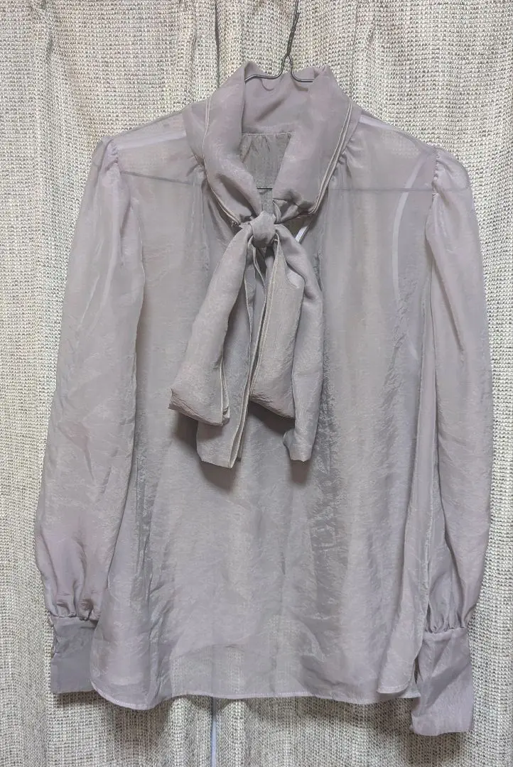 Thumbnail of Gray-purple chiffon sheer long-sleeved blouse with ribbon