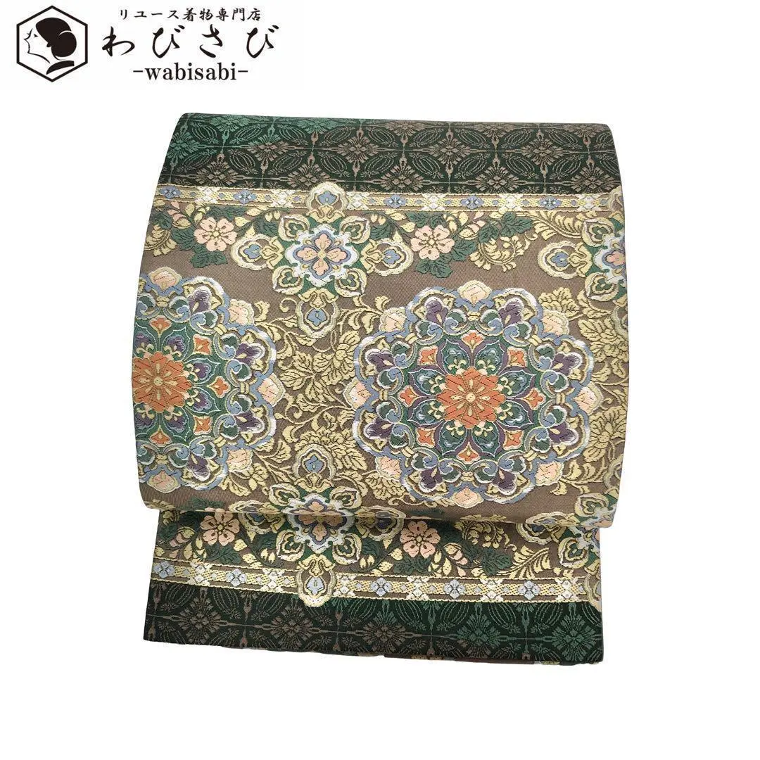 Thumbnail of Fukuro Obi: Beautiful floral pattern, flower shippo connection, bird pattern, black green color O-3548