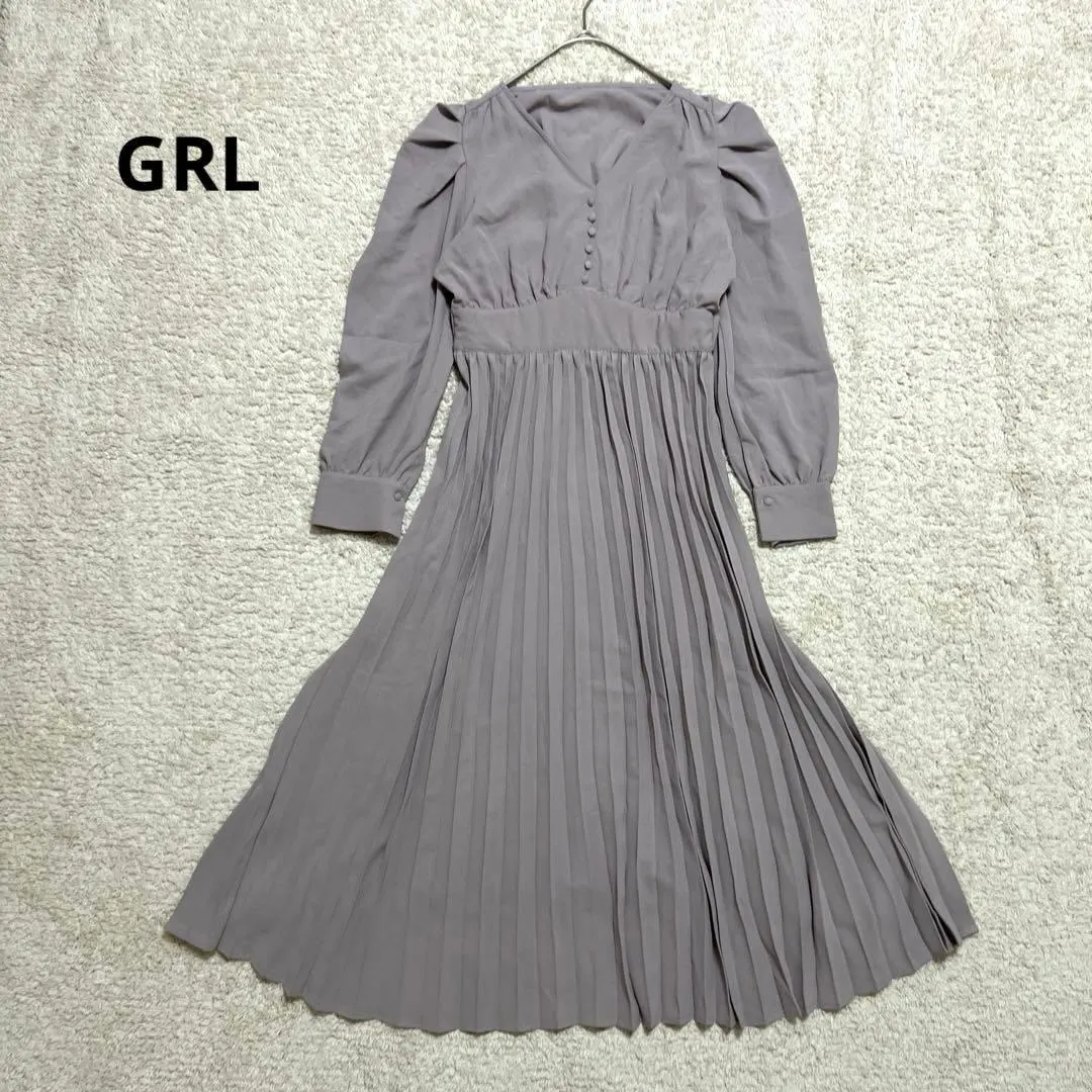 Thumbnail of GRL V-neck Long Dress Pleated Skirt M Long Sleeve