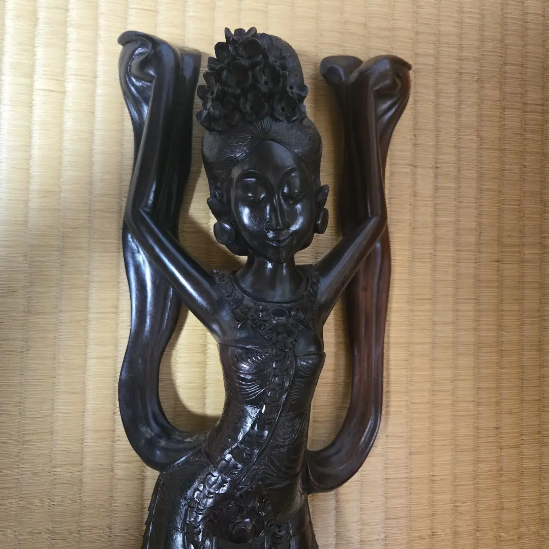 極上品 高さ57cm バリ島 マス村 細密彫刻 女神像 踊子 在銘 木彫り 置物 バリ島女神像秘蔵品