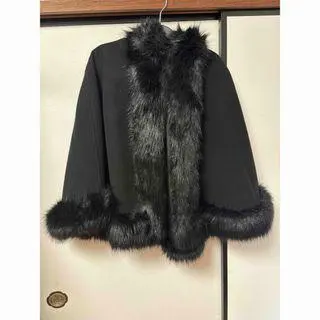 Thumbnail of Black Fur-Trimmed Poncho Cape Coat