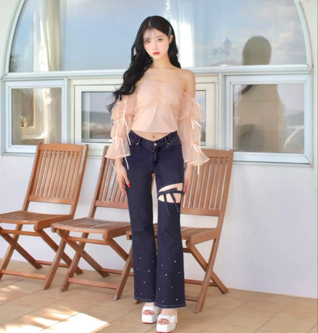 試着のみ美品M me eme リボンフレアデニムパンツ ネイビー