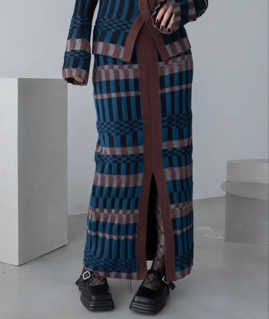 Thumbnail of Vacancy Geometric Block Pattern Long Knit Skirt