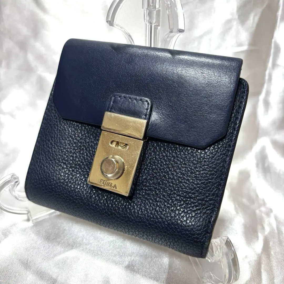 【雜誌刊載品】FURLA MILANO 摺疊錢包 迷你短夾 海軍藍 的縮圖