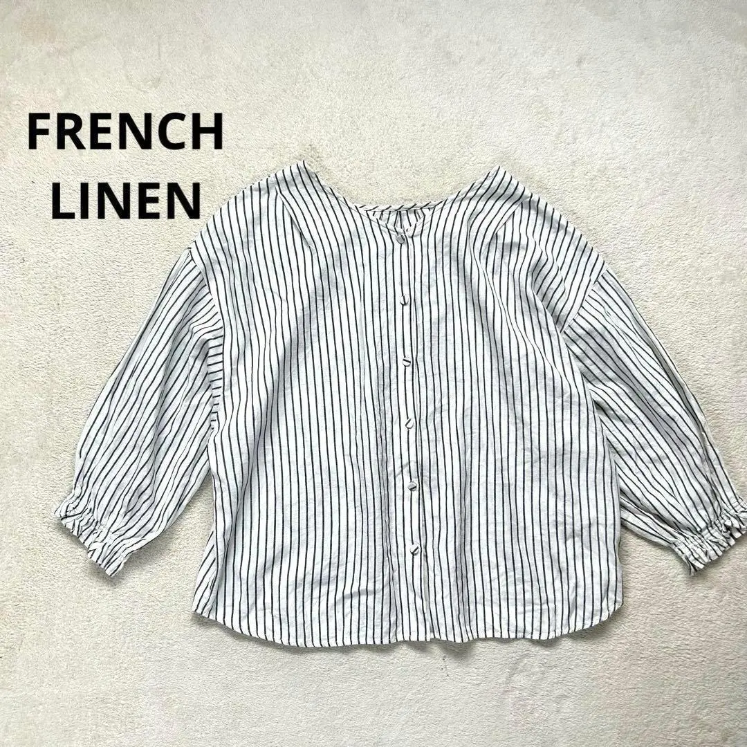 Thumbnail of French Linen M Balloon Sleeve Blouse Shirt Stripe Frill Sleeves