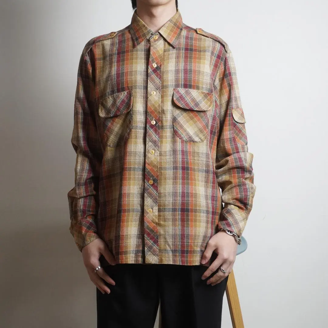 復古格紋長袖法蘭絨襯衫 休闲 橘色/VW610 的縮圖