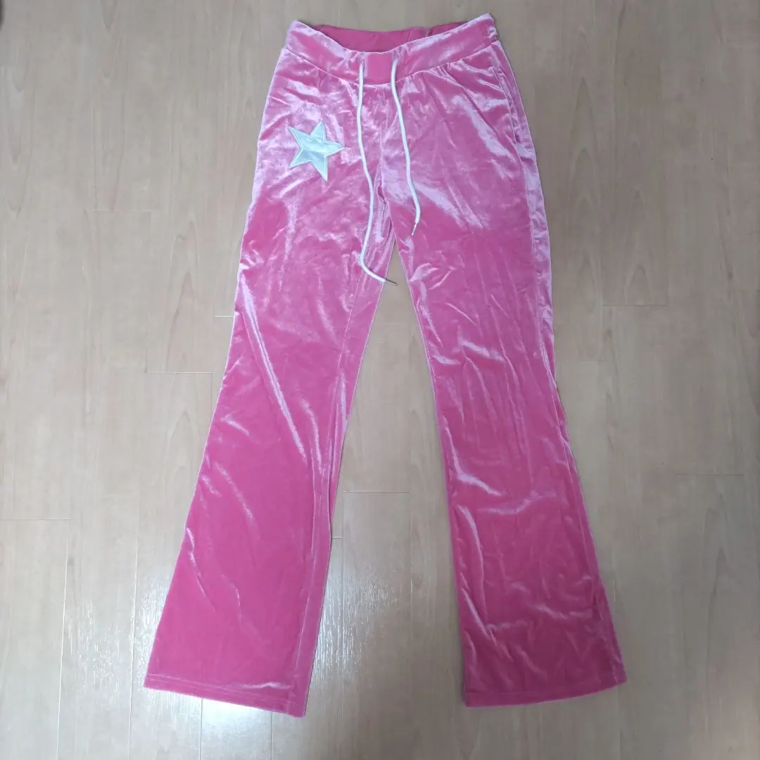 Thumbnail of Y2K pink velvet wide-leg pants with star embroidery