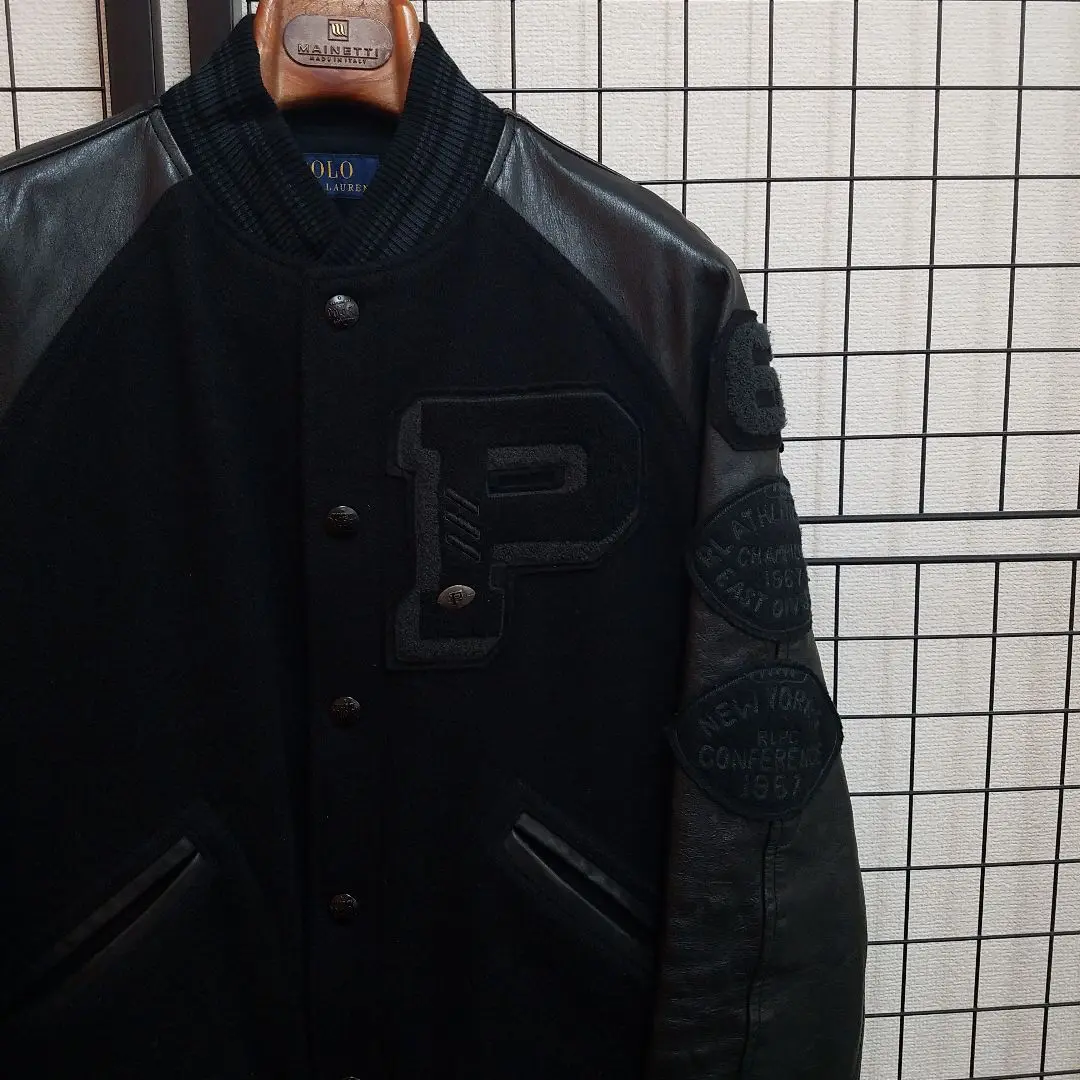 POLO RALPH LAURENウールレザースタジャン ブラック 67刺繍 ラルフローレン レザースタジャン 黒 ウール（希少サイズ S