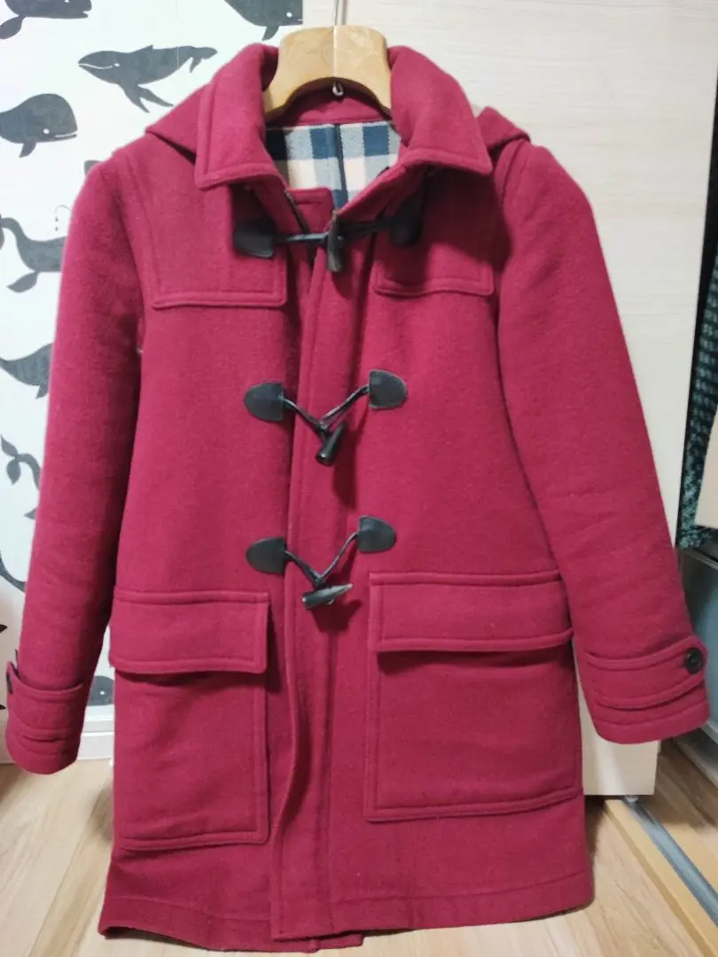 バーバリーロンドン　ダッフルコート　赤　ノバチェック　フード　160A 秋冬 BURBERRYダッフルコート ノバチェック レディース 40