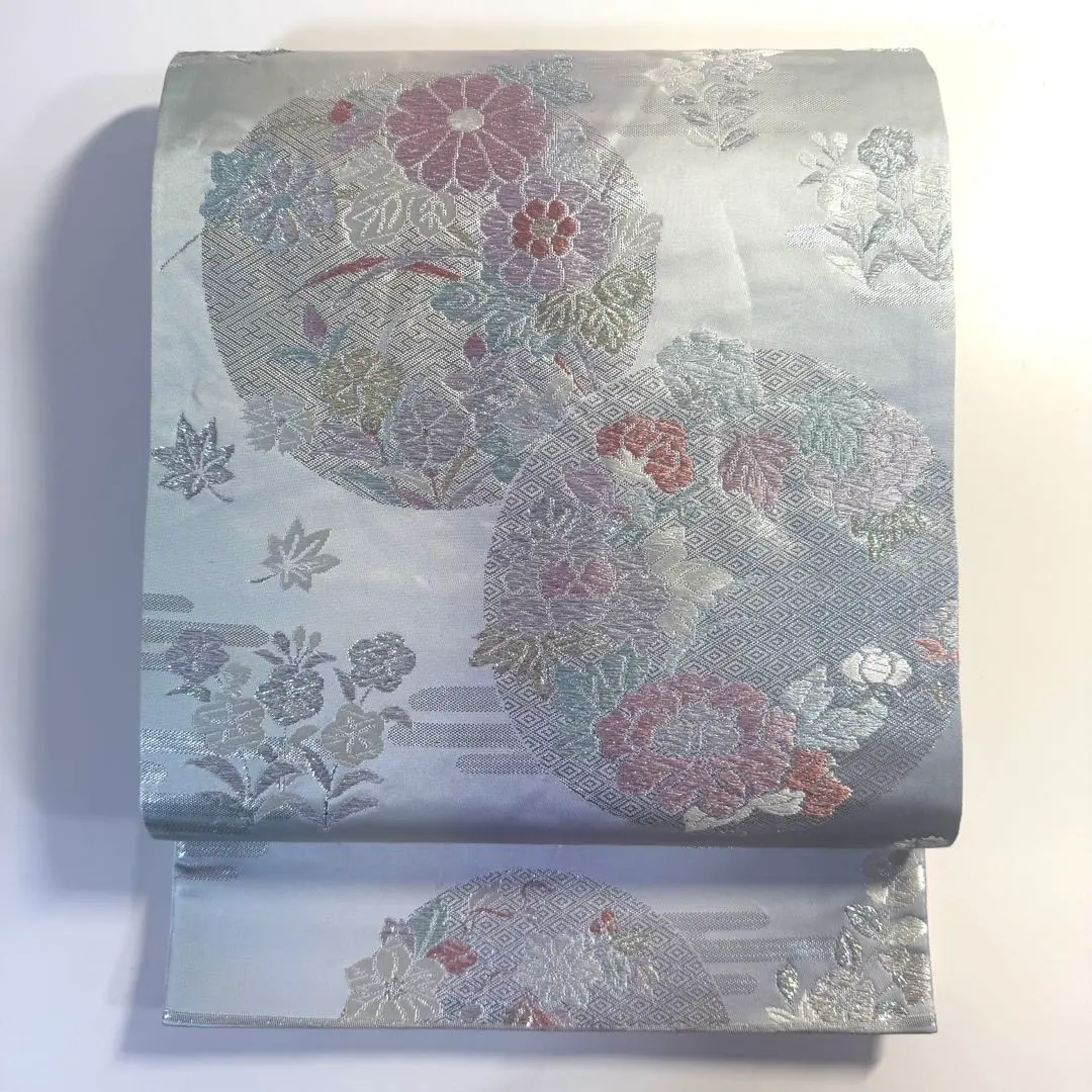 Thumbnail of 5k2176 Obi, silk, Karaori weave, silver, purple, pink, gold, floral pattern, Japanese clothing, kimono