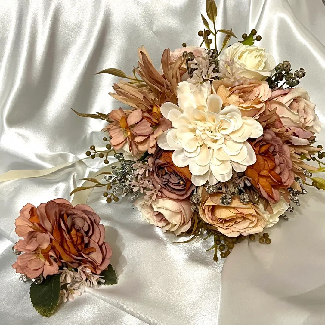 Thumbnail of Artificial flower bouquet for wedding, pre-wedding photoshoot, with boutonniere