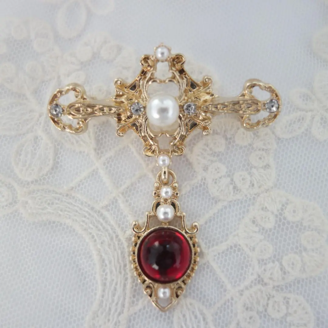 Thumbnail of Pearl & Ruby Color Brooch Delicate Decorative Antique Style Brooch