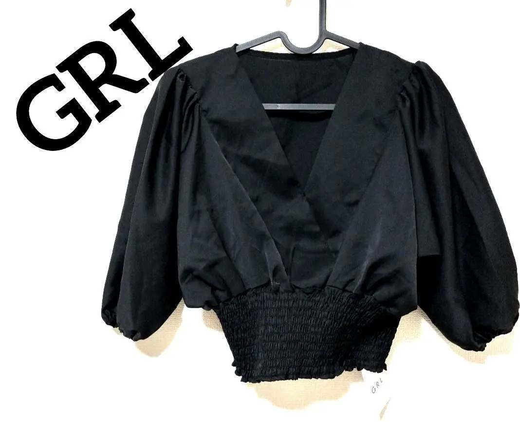 Thumbnail of GRL (Gureiru) Balloon Sleeve V-neck Top, Black, New with Tags