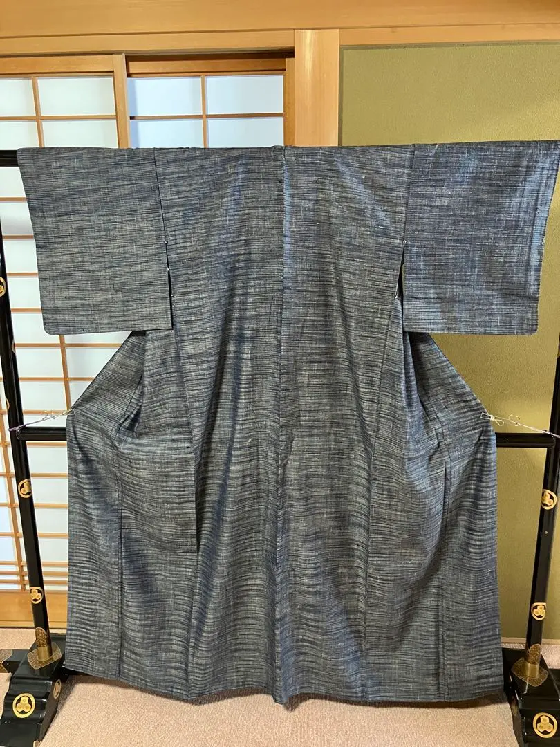 Thumbnail of ③ Tsumugi (pongee) lined kimono, silk, residual yarn weave? Navy base, horizontal stripe style