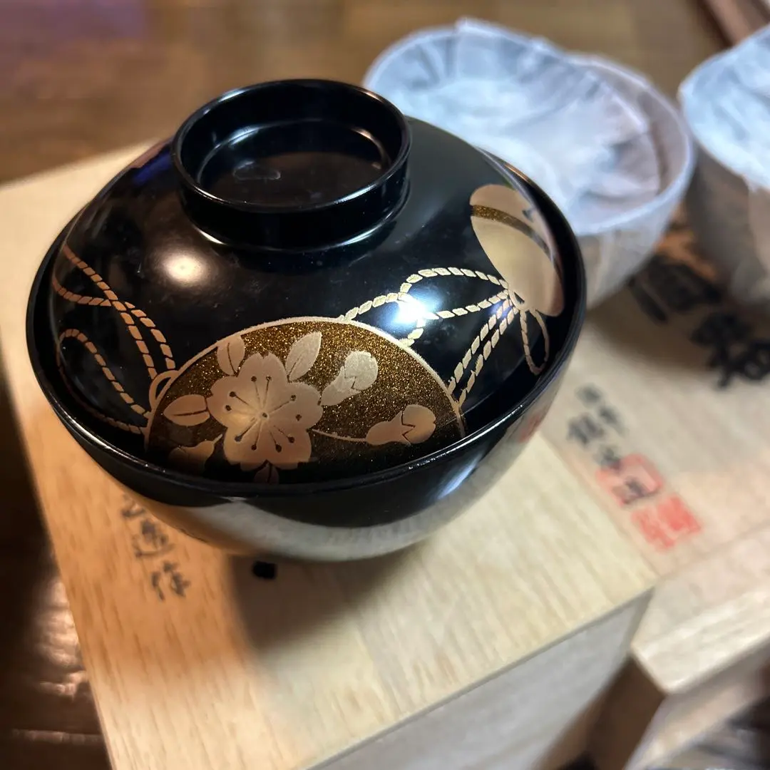 Thumbnail of Aizu Lacquerware, Gold Lacquer Maki-e, Cherry Blossom Bell Crest, Soup Bowls, 3 pieces, Unused