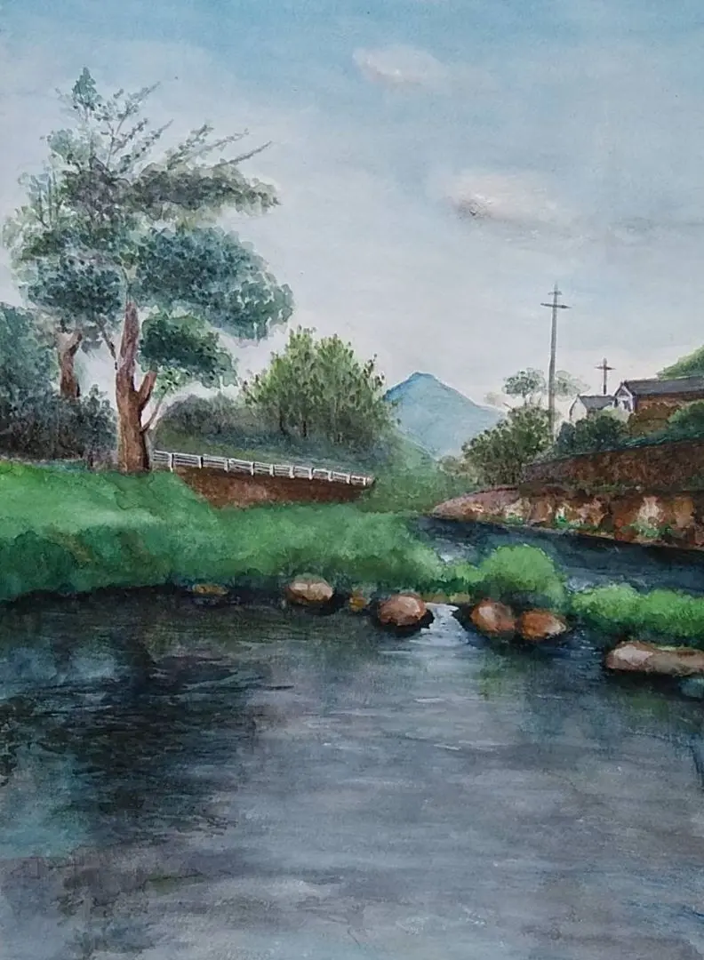 額縁付き日本田舎風景画    水彩画 額縁付き日本田舎風景画 水彩画