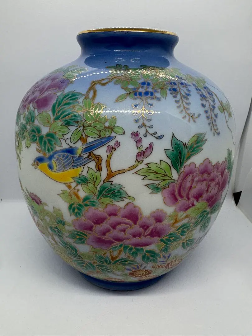 Thumbnail of Brand new, unused Kutani-yaki ceramic vase with blue and white floral and bird decoration