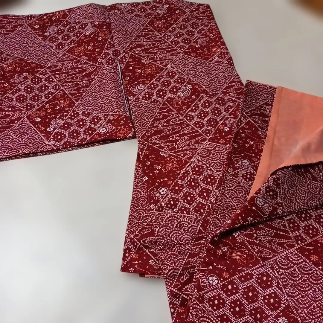 Thumbnail of Red patterned komon kimono with orange lining