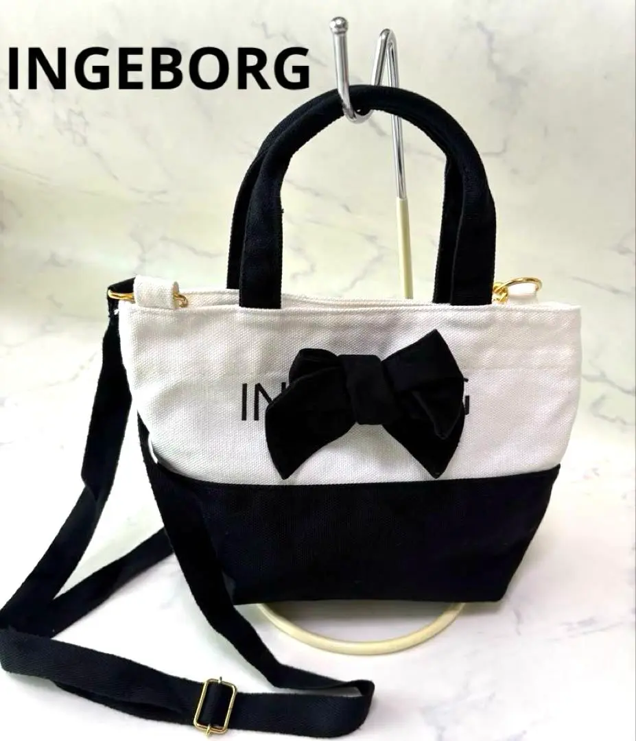 INGE BORGインゲボルグ　黒ナイロンバッグ セール】 【OUTLET】2WAYナイロントートバッグロゴ＆カメリア