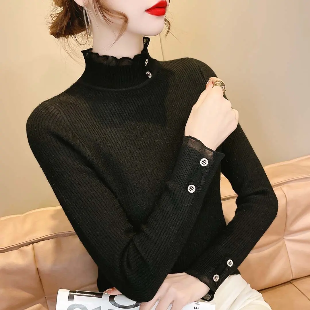 Thumbnail of High-neck frill sweater knit cut and sew long sleeve pullover black