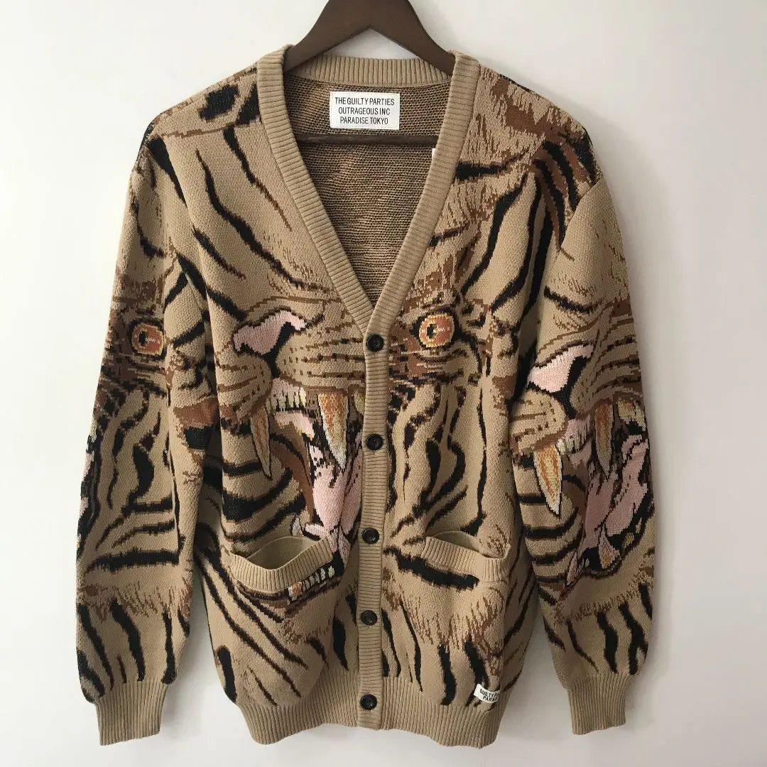 【人気即完売】ワコマリア　総柄　虎　ジャガード織　カーディガン　Lサイズ 人気即完売】ワコマリア 総柄 虎 ジャガード織 カーディガン Lサイズ