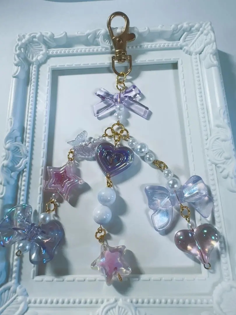 Thumbnail of ~No. 3~ Elegant beaded keychain with three purple-centered flowers