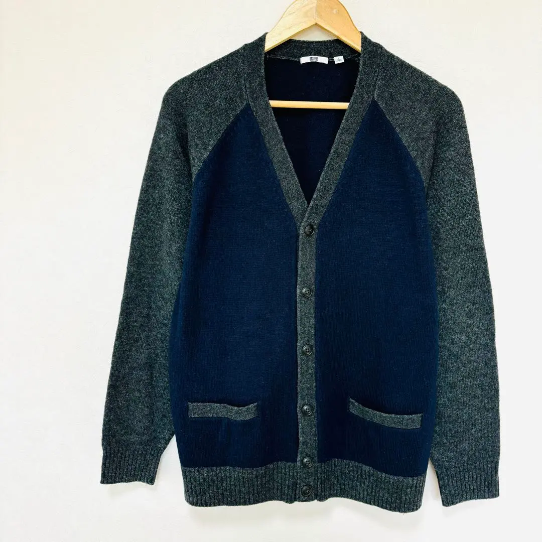 Thumbnail of Uniqlo Wool Blend V-Neck Knit Cardigan, L, Bicolor, Navy x Gray