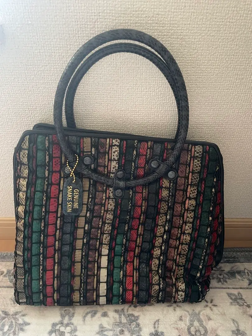 U3471【美品◎】スネークスキン/パイソレザー/本ヘビ革*編み込み メッシュ*二室構成*トートバッグ/ハンドバッグ/手提げ 鞄*ダークブラウン : Asuprui 純正スネークスキンレザーハイド-ブラック