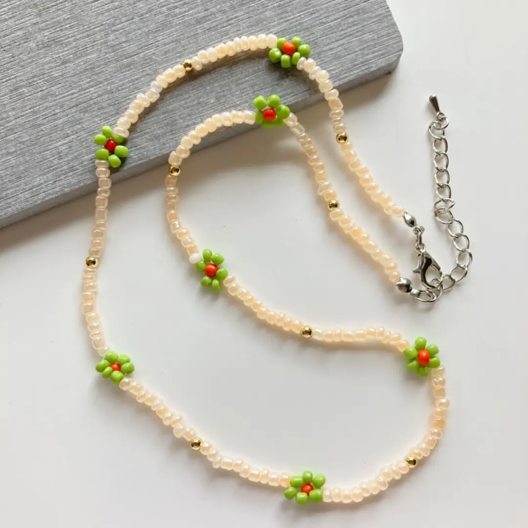 Thumbnail of Yellow Green Flower Handmade Bead Necklace