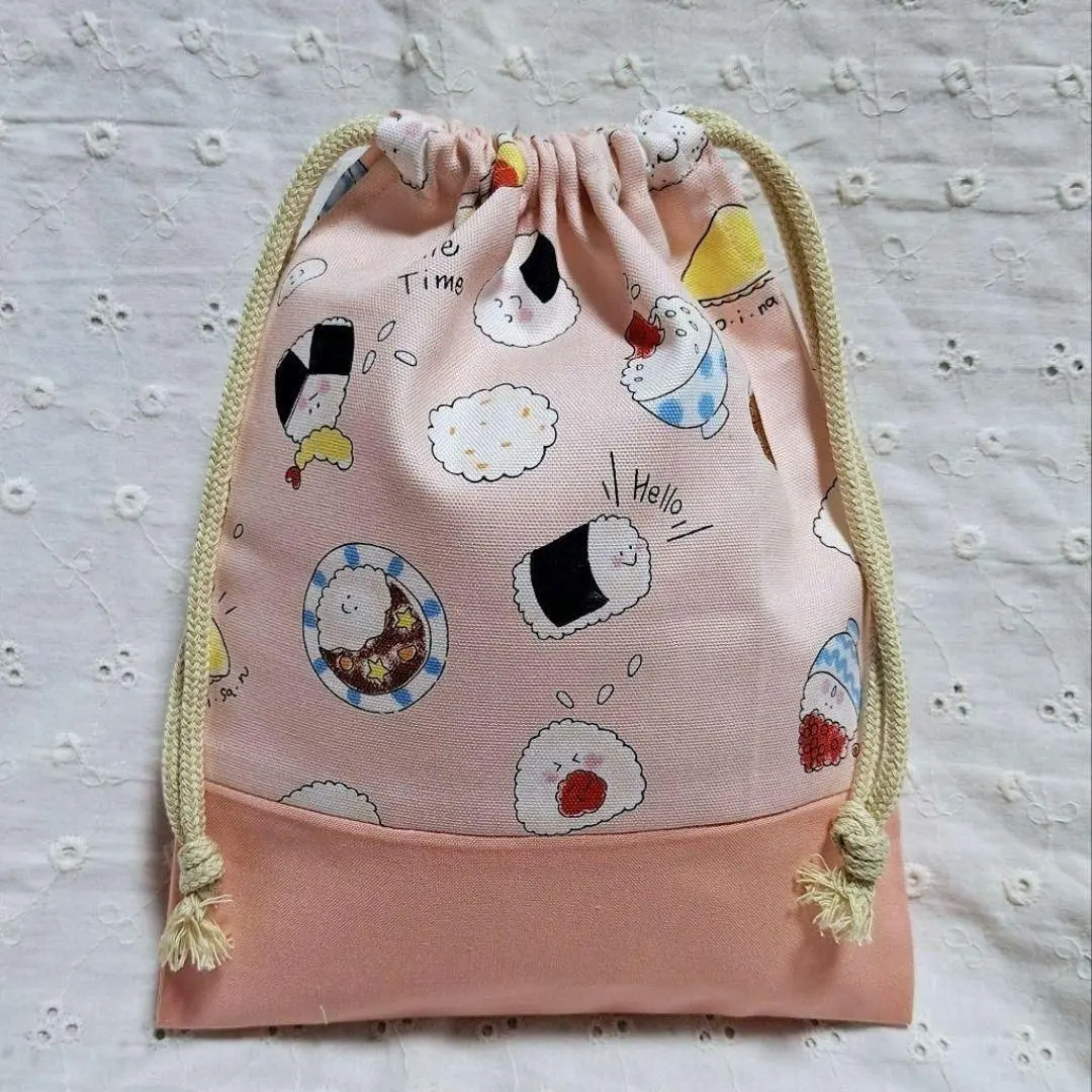 Thumbnail of Handmade, rice pattern lunch bag, drawstring bag, cup holder, salmon pink