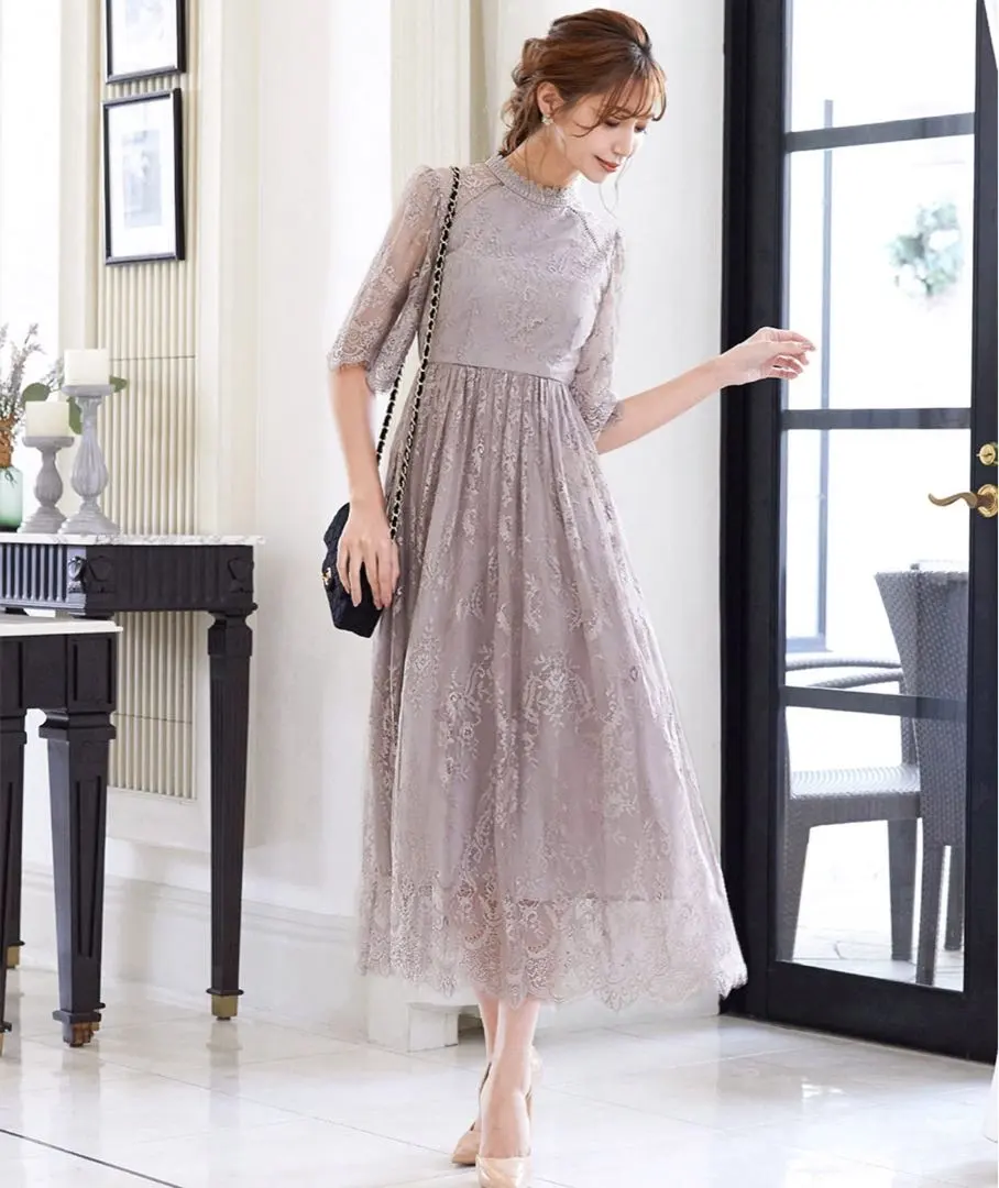 Thumbnail of High-neck 5-sleeve all-lace flared long dress party dress