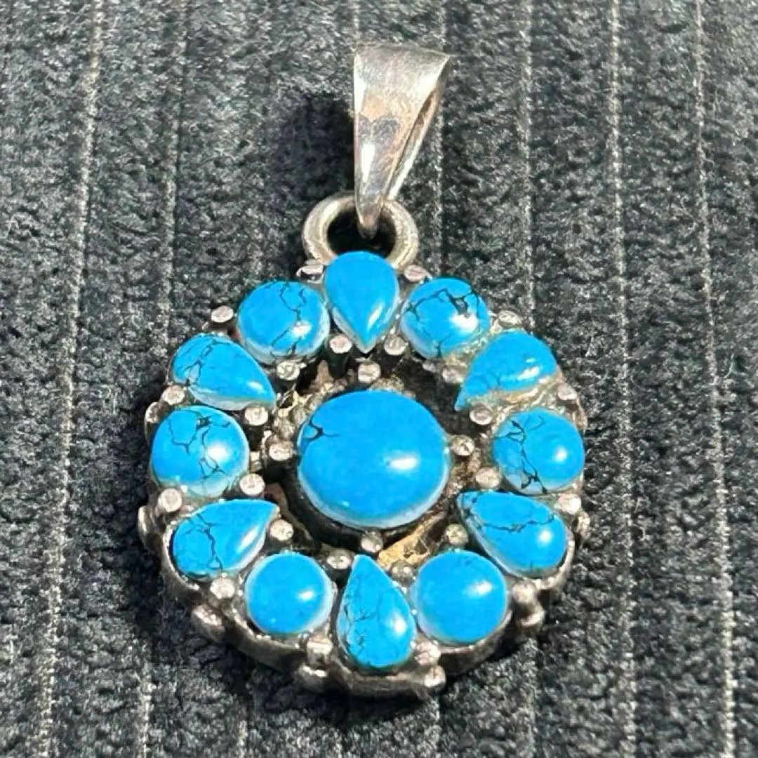 Thumbnail of Navajo Turquoise Flower Large Stone Silver 925 Stamped Top