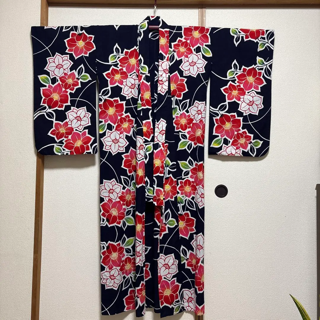 Thumbnail of Women's / Girls' Authentic Dyed Floral Pattern Dark Navy Cotton Hand-stitched Retro Yukata, Length 146cm