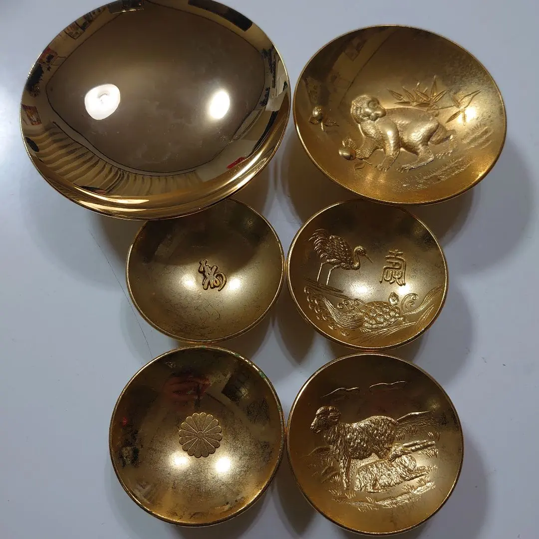 まとめ　セット　金杯　金盃　菊門　猪　酉　鳥　蛇　巳　干支　　24KGP　銀製 金盃 金杯 24K GP 6個セット 飾台6個付 十二支 いのしし いぬ