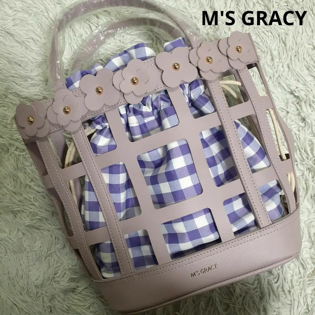 美品♡ エムズグレイシー カゴバッグ バスケット リボン フリル ピンク レザー 美品♡ エムズグレイシー カゴバッグ バスケット リボン フリル