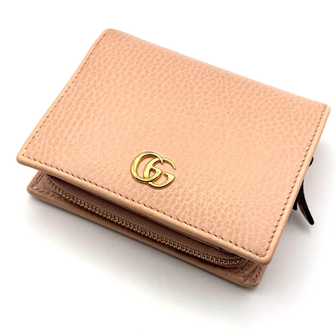 古馳 Marmont 系列 GG 皮革 粉色 米色 雙摺錢包 拉鍊 的縮圖
