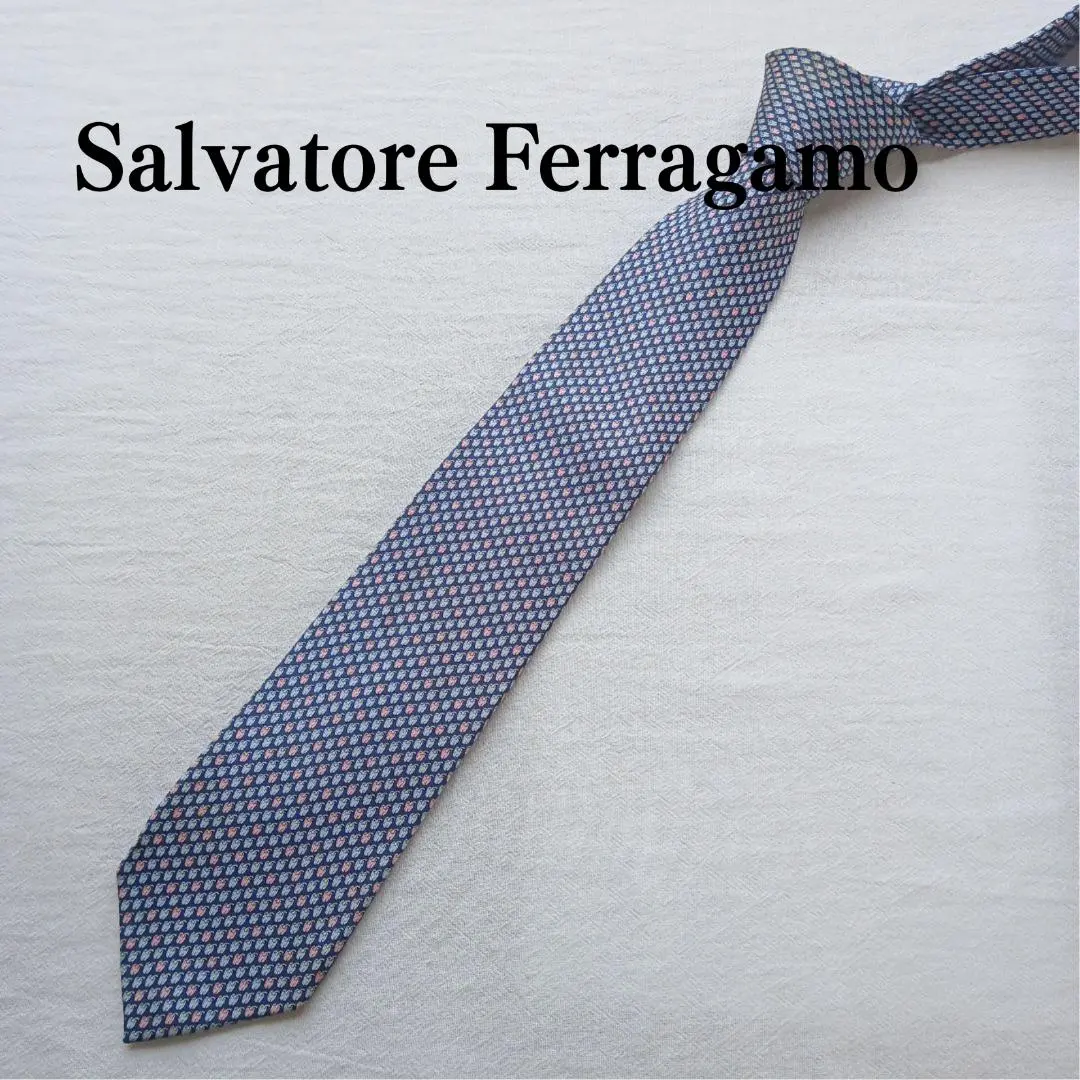 Thumbnail of Ferragamo Tie 100% Silk Blue Pink Small Pattern Business [n4585]
